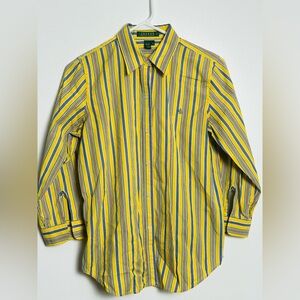 Lauren Ralph Lauren Women's Small  Yellow Blue Striped Button Front Cotton Top